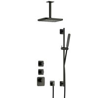 Hotbath Gal - Inbouw Regendoucheset - Geborsteld Gunmetal PVD - 2 Stopkranen - Thermostatisch - Plafondbuis 15 cm - Hoofddouche 220 mm - Staafhanddouche - Glijstang 900 mm - V01 - thumbnail