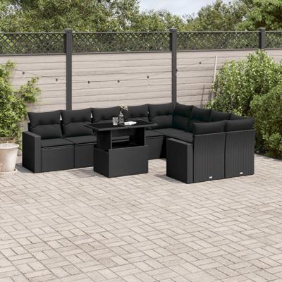 10-delige Loungeset met kussens poly rattan zwart