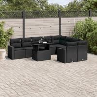 10-delige Loungeset met kussens poly rattan zwart - thumbnail