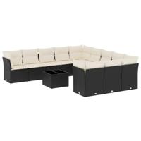 12-delige Loungeset met kussens poly rattan zwart - thumbnail