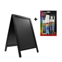Krijtstoepbord zwart hout 55 x 85 cm met één krijtstiftset - thumbnail