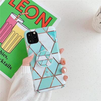 Voor iPhone 11 Pro plating kleurrijke geometrische patroon mozaïek marmer TPU mobiele telefoon geval met opvouwbare beugel (groen PF2)