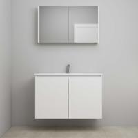 On-Line Badkamermeubelset - 100 cm - Voorgemonteerd - Greeploos 2 Deuren - Porseleinen Wastafel - 1 Kraangat - Spiegelkast - Hoogglans Wit - thumbnail