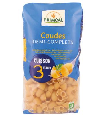 Primeal Coudes halfvolkoren snelkook 3 minuten bio 500 Gram Primeal Coudes halfvolkoren snelkook 3 minuten bio 500 Gram