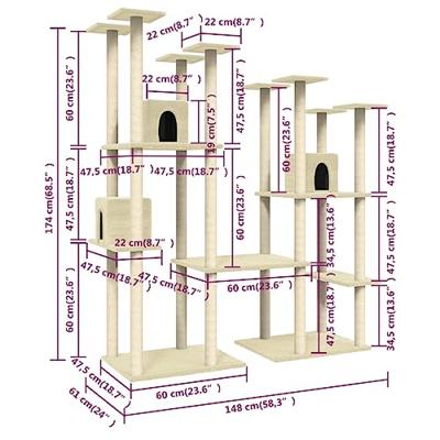 VidaXL Kattenmeubel met sisal krabpalen 174 cm crèmekleurig