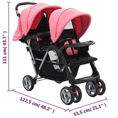 VidaXL Kinderwagen dubbel staal roze en zwart