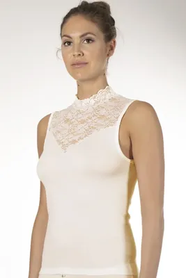 Dames Kanten Top - Blazershirt - Met Hoge hals - Dames kanten mouwloos ondershirt zonder mouwen - 38 - Champagne