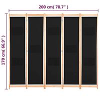 Kamerscherm met 5 panelen 200x170x4 cm stof zwart - thumbnail
