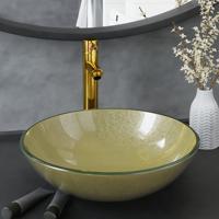 VidaXL Wastafel met kraan en pop-up afvoer gehard glas goudkleurig - thumbnail