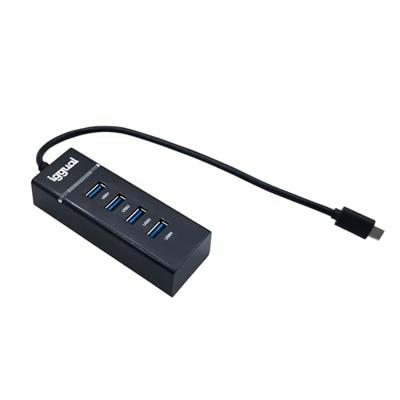 iggual USB-C hub met 4 USB 3.0 poorten, USB-C adapter met 4 poorten, blauwe LED-display en veiligheidsbescherming, Type-C adapter, compatibel met MacBook Pro/Air, iPhone en Galaxy, kabel van 30 cm