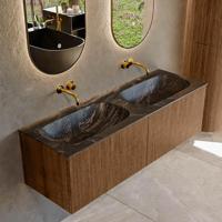 Mondiaz KURVE-DLUX 140 cm Onderkast Greeploos 2 Lades Zonder Deuren Walnut, Wastafel Solid Surface Dubbel Lava 0 Kraangaten Zonder Spiegel (KRVSTS1402L0D0KD-Wal/Lav) - thumbnail