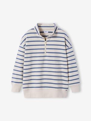 Sweater voor jongens met opstaande kraag en rits blauw, gestreept