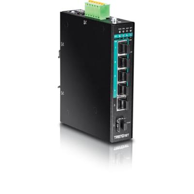 TRENDnet 5-poorts geharde industriële gigabit PoE+ DIN-railschakelaar, 120 W stroombudget, 1 x SFP-sleuf, IP30-classificatie, onbeheerde schakelaar, Gigabit PoE+ netwerkschakelaar, levenslange