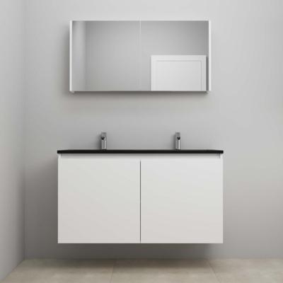 On-Line Badkamermeubelset - 120 cm - Bouwpakket - Greeploze Ladestructuur - Acryl Wastafel - 2 Kraangaten - Spiegelkast - Mat Wit - V02
