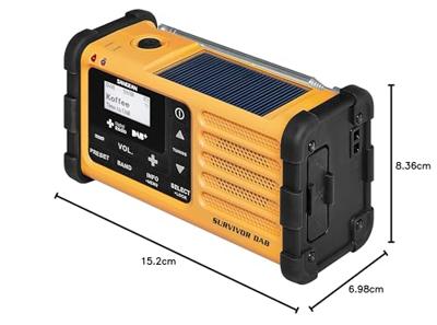 Sangean Survivor DAB Outdoorradio DAB+, VHF (FM) Noodradio Acculaadfunctie, Zaklamp, Oplaadbaar, Handslinger, Zonnepaneel Geel