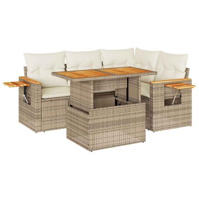 5-delige Loungeset met kussens poly rattan en acaciahout beige