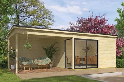 Outdoor Life Olivia Tuinhuis 385x295 cm met overkapping 360 cm 28 mm vuren blank- Lessenaarsdak- Onbehandeld vurenhout- Outdoor Life Outdoor Life Olivia Tuinhuis 385x295 cm met overkapping 360 cm 28 mm vuren blank- Lessenaarsdak- Onbehandeld vurenhout- Outdoor Life