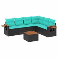 7-delige Loungeset met kussens poly rattan zwart - thumbnail