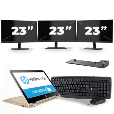 HP Pavilion x360 Convertible 13 - Intel Core i3-6e Generatie - 14 inch - 8GB RAM - 256GB SSD - Windows 11 Home + 3x 23 inch Monitor