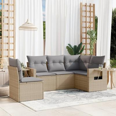 5-delige Loungeset met kussens poly rattan beige - thumbnail