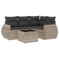 5-delige Loungeset met kussens poly rattan lichtgrijs - thumbnail