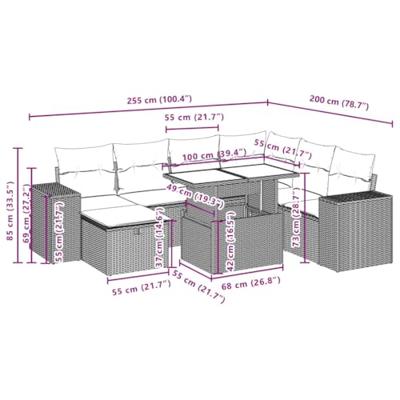 8-delige Loungeset met kussens poly rattan lichtgrijs