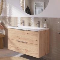 Saqu Lima badmeubel incl. glans witte wastafel met 2 kraangaten 100x52x64cm naturel eiken - rvs greep - thumbnail