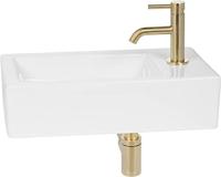 Saqu fonteinset met gouden kraan rechts glanzend wit keramiek - thumbnail