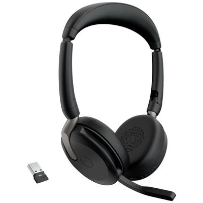 Jabra Evolve2 65 Flex Link380a MS On Ear headset Bluetooth Stereo Zwart Noise Cancelling Headset, Microfoon uitschakelbaar (mute), Volumeregeling, Inductie,