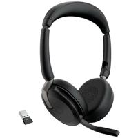 Jabra Evolve2 65 Flex Link380a MS On Ear headset Bluetooth Stereo Zwart Noise Cancelling Headset, Microfoon uitschakelbaar (mute), Volumeregeling, Inductie, - thumbnail