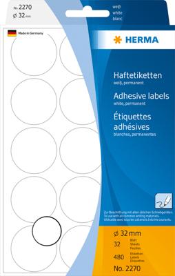 Herma 2270 Etiketten Ø 32 mm Papier Wit 480 stuk(s) Permanent hechtend Etiketten voor markeringspunten Herma 2270 Etiketten Ø 32 mm Papier Wit 480 stuk(s) Permanent hechtend Etiketten voor markeringspunten