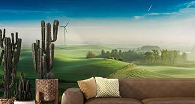 Fotobehang - Groen landschap met windmolen, premium print, inclusief behanglijm