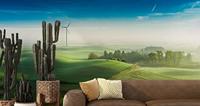 Fotobehang - Groen landschap met windmolen, premium print, inclusief behanglijm - thumbnail