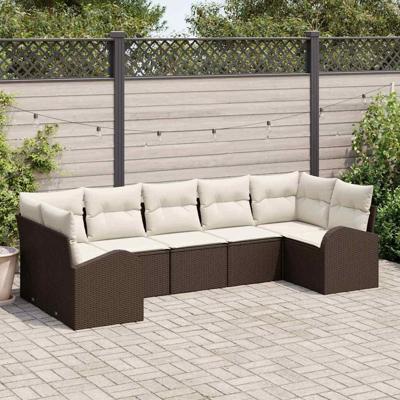 Tuinbankenset met kussen 7 pcs Bruin en wit poly rattan