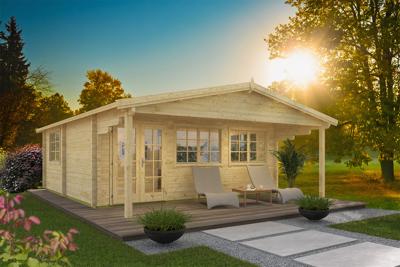 Tuindeco Jackson Blokhut 595x595 cm + overkapping 200 cm 70 mm vuren blank- Zadeldak- Onbehandeld vurenhout- Tuindeco