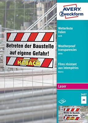 Avery-Zweckform 3487 Weerbestendige folie DIN A4 Laser (zwart/wit), Laser (kleur), Kopiëren (zwart/wit), Kopiëren (kleur) Wit 100 stuk(s)