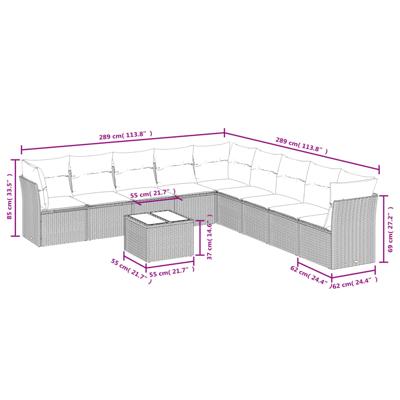 9-delige Loungeset met kussens poly rattan zwart