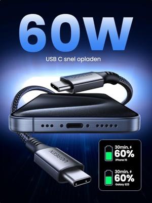 USB-C-kabel - UGREEN - 1 m datakabel - 60 W - Nylon - PD - Zwart