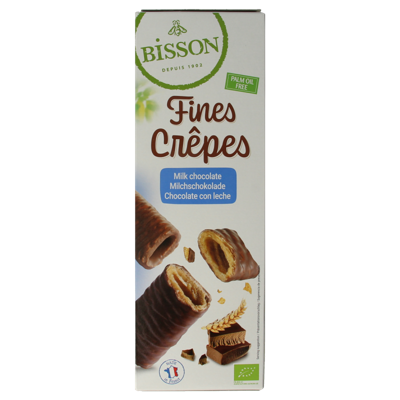 Bisson Krokante wafelrolletjes met melkchocolade bio 90 Gram Bisson Krokante wafelrolletjes met melkchocolade bio 90 Gram