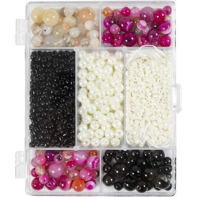 Creativ Company Creatieve box sieraden, agaten, afm 2,6-10 mm, gatgrootte 0,8-1,8 mm, ca. 2740 stuk, beige, zwart, roze, wit parelmoer, 1 doos