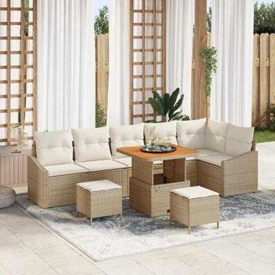 Tuinbankenset met kussen 9 pcs Beige poly rattan