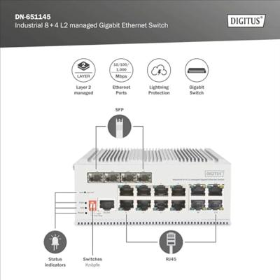 Digitus DN-651145 Industrial Ethernet Switch 8 + 4 poorten 10 / 100 / 1000 MBit/s Digitus DN-651145 Industrial Ethernet Switch 8 + 4 poorten 10 / 100 / 1000 MBit/s