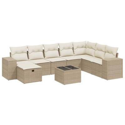 9-delige Loungeset met kussens poly rattan beige