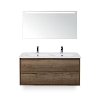 Porto Badmeubelset 120 cm - 2 laden Tabacco - Keramische Wastafel Wit Slim - met Sence Spiegel