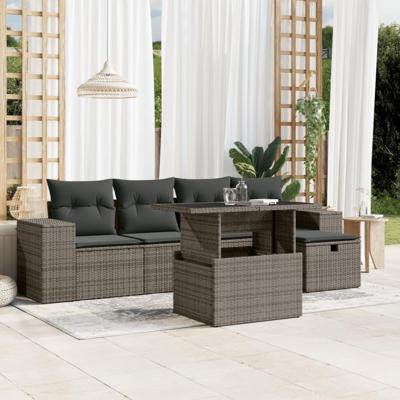 6-delige Loungeset met kussens poly rattan grijs