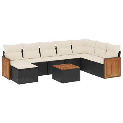 8-delige Loungeset met kussens poly rattan zwart