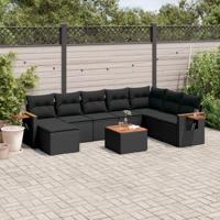 9-delige Loungeset met kussens poly rattan zwart - thumbnail