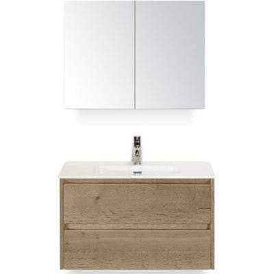 Dante Badmeubelset 80 cm - Natuur Eiken - Keramische Wastafel Wit Cover met Spiegelkast