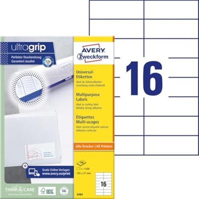 Avery Zweckform 3484, Universele etiketten, Ultragrip, wit, 100 vel, 16 per vel, 105 x 37 mm