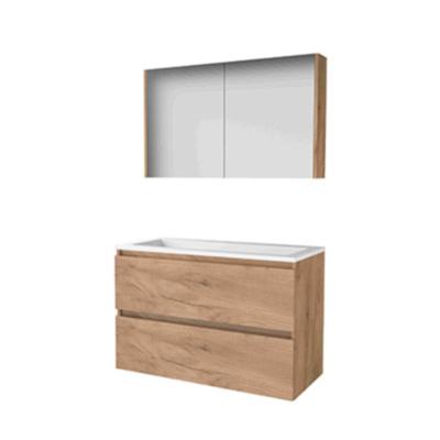 Basic-Line Comfort 46 Badkamermeubelset - 100 x 46 cm - Greeploos - 2 Lades - Acryl Wastafel - Zonder Kraangat - Spiegelkast - Whisky Oak